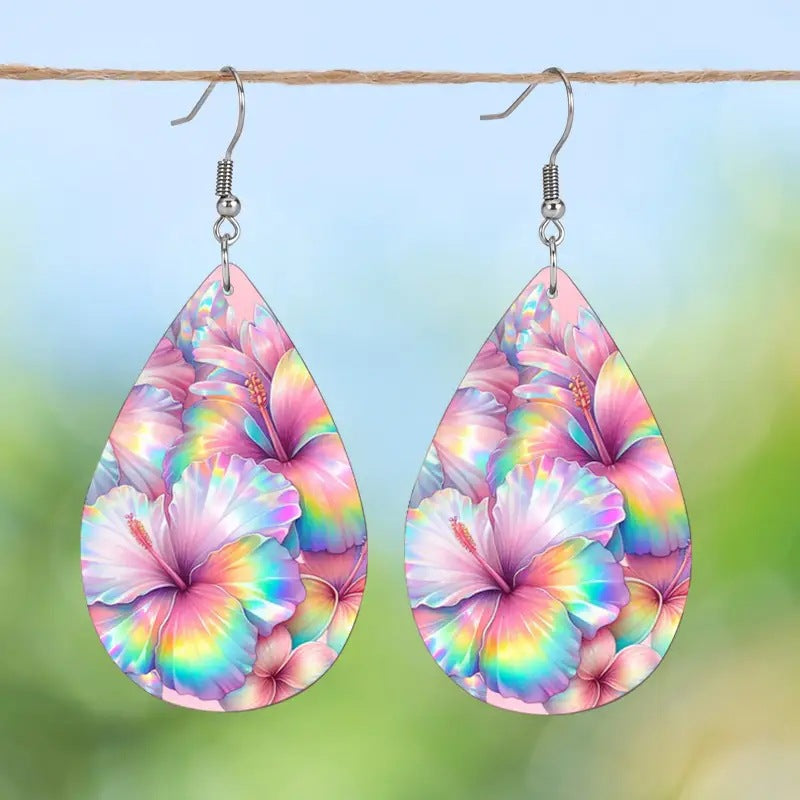 Wholesale Flower Pattern Double Sided PU Leather Earrings